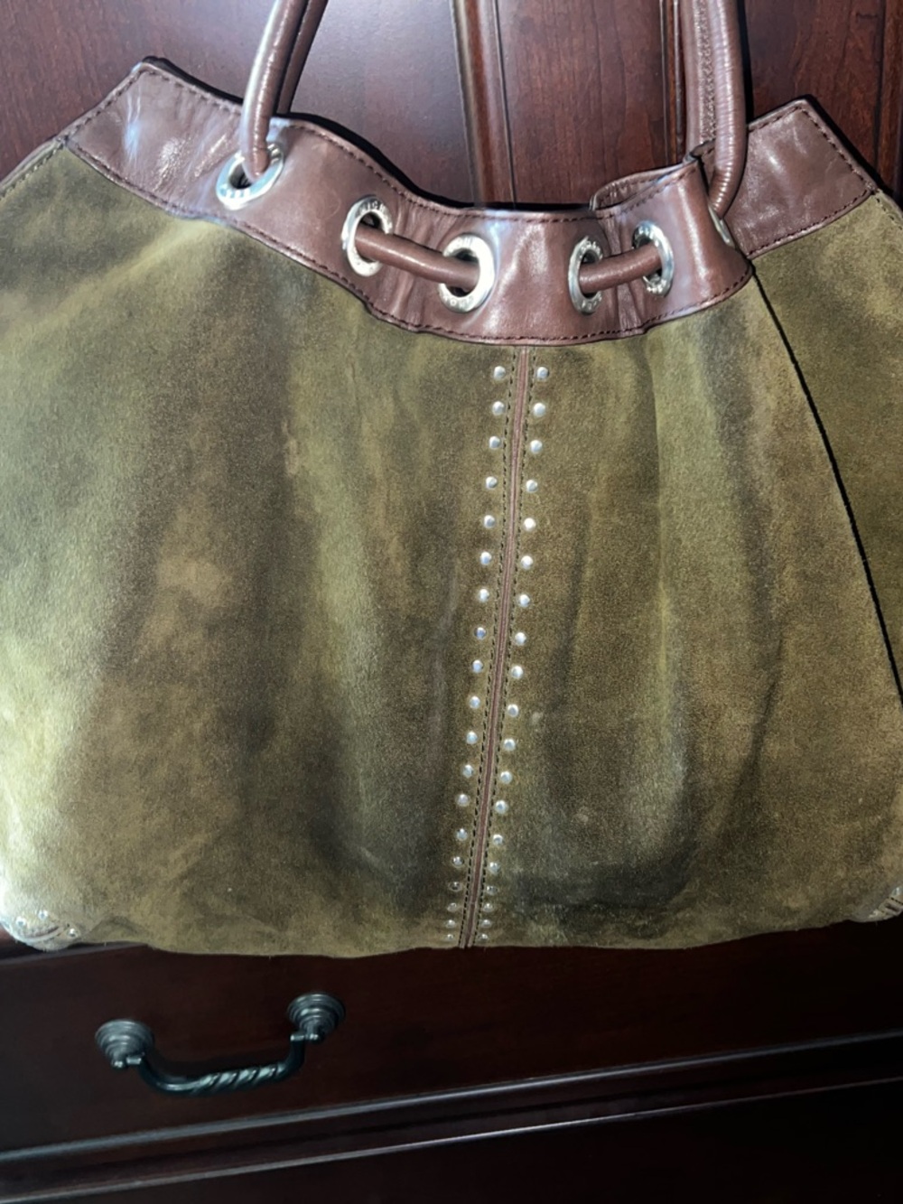 Michael Kors Olive Green and Brown Suede Shoulder Bag